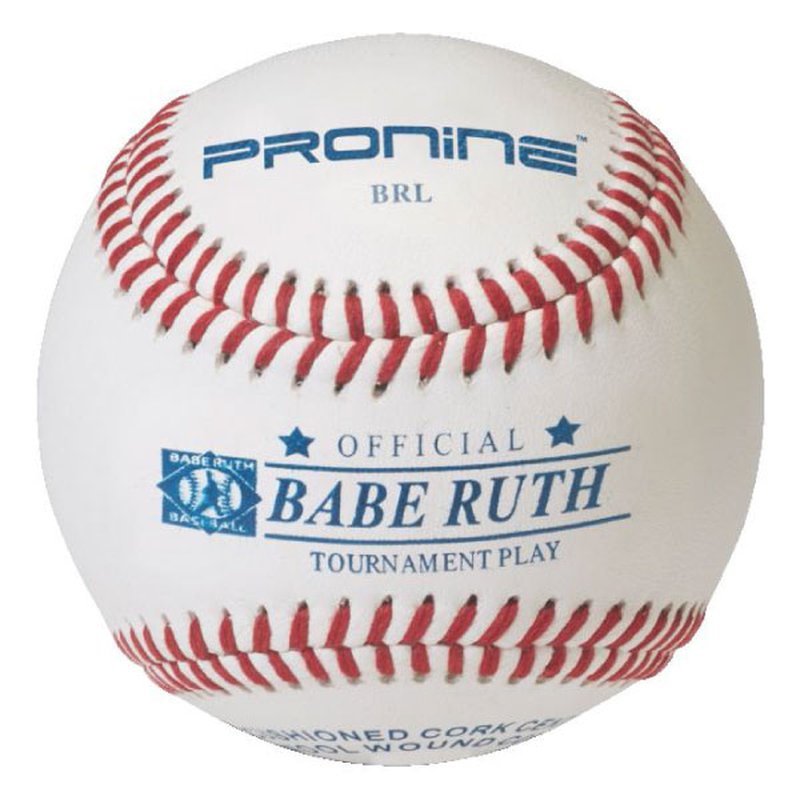 A white ProNine baseball with red stitching and the Babe Ruth League stamp on the cover