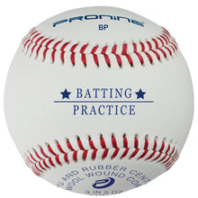 A white ProNine BP baseball with red stitching and the Batting Practice stamp