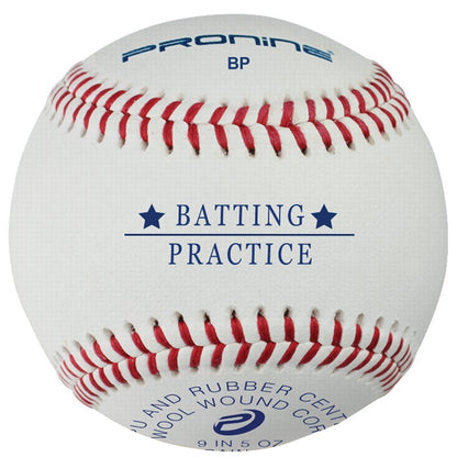 A white ProNine BP baseball with red stitching and the Batting Practice stamp