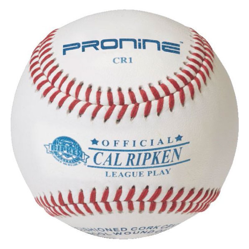 A white ProNine baseball with red stitching and the Cal Ripken stamp on the cover