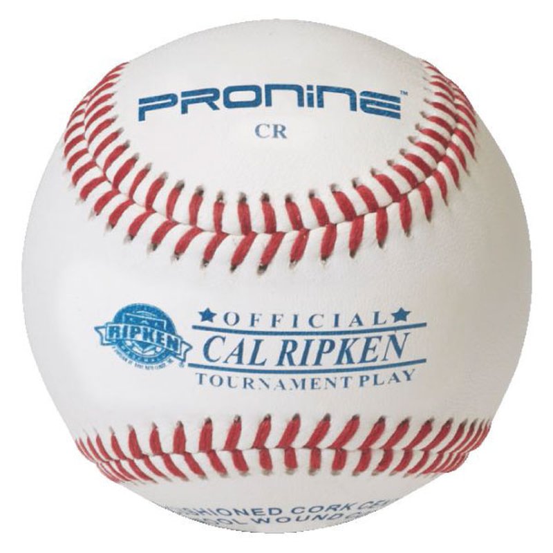 A white ProNine baseball with red stitching and the Cal Ripken stamp on the cover