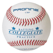 A white ProNine CBP baseball with red stitching and the Collegiate Batting Practice stamp