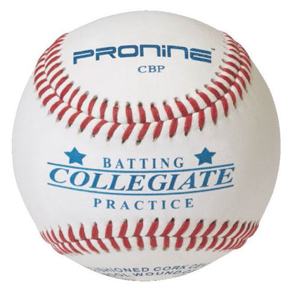 A white ProNine CBP baseball with red stitching and the Collegiate Batting Practice stamp