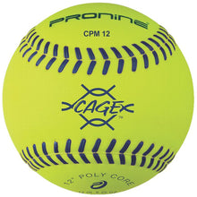 An optic yellow ProNine CPM12 composite pitching machine softball with flat seams