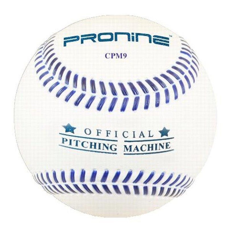 A white ProNine CPM9 composite pitching machine baseball with flat seams