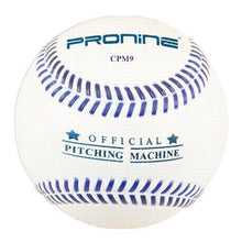 A white ProNine CPM9 composite pitching machine baseball with flat seams