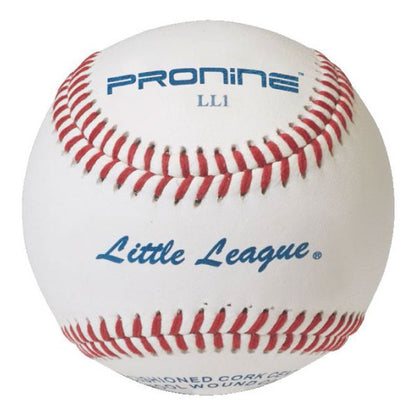 A white ProNine baseball with red stitching and the Little League stamp on the cover