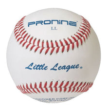A white ProNine baseball with red stitching and the Little League stamp on the cover