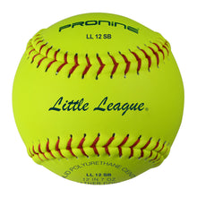 An optic yellow ProNine LL 12 SB fastpitch softball with the Little League stamp