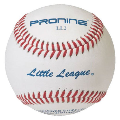 A white ProNine baseball with red stitching and the Little League stamp on the cover