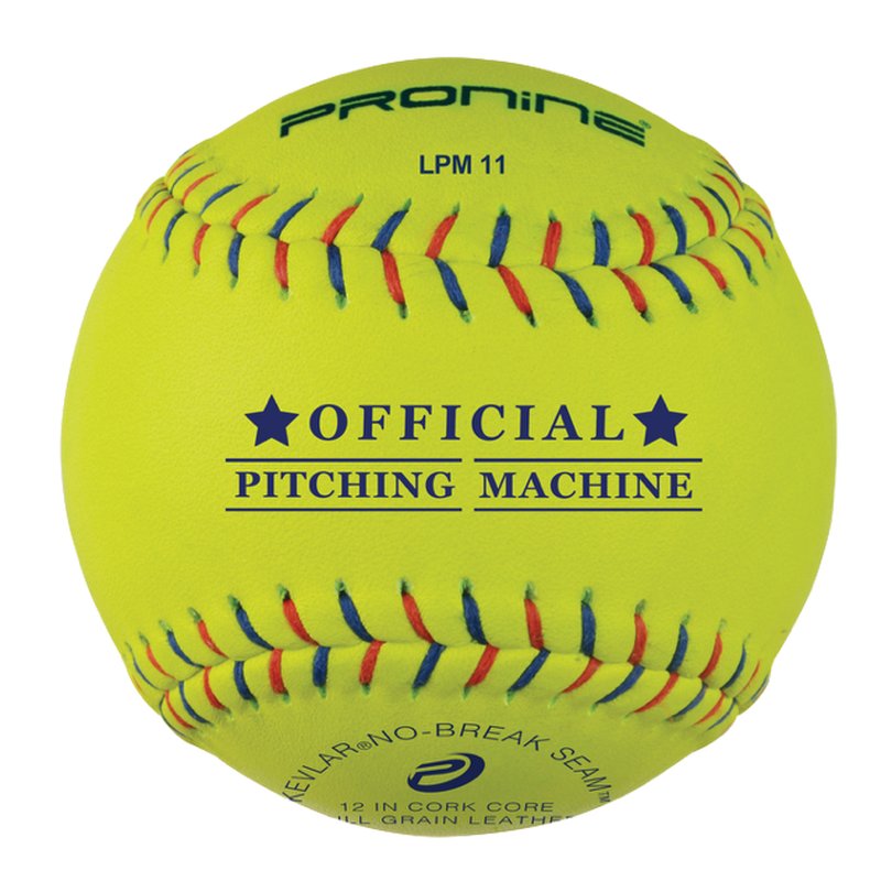 An optic yellow ProNine LPM11 leather pitching machine softball with multicolor stitching