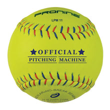 An optic yellow ProNine LPM11 leather pitching machine softball with multicolor stitching