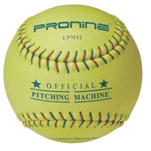 An optic yellow ProNine LPM12 leather pitching machine softball with the Official Pitching Machine stamp