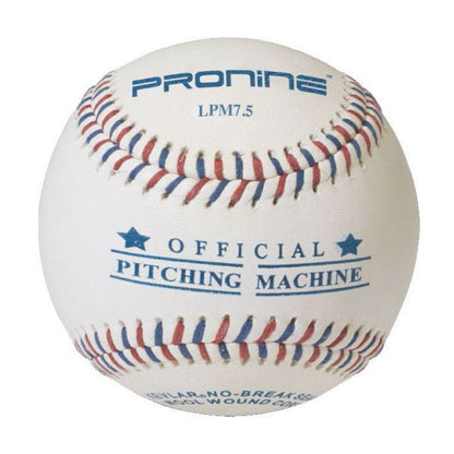 A white ProNine LPM7.5 leather pitching machine ball with the Official Pitching Machine stamp