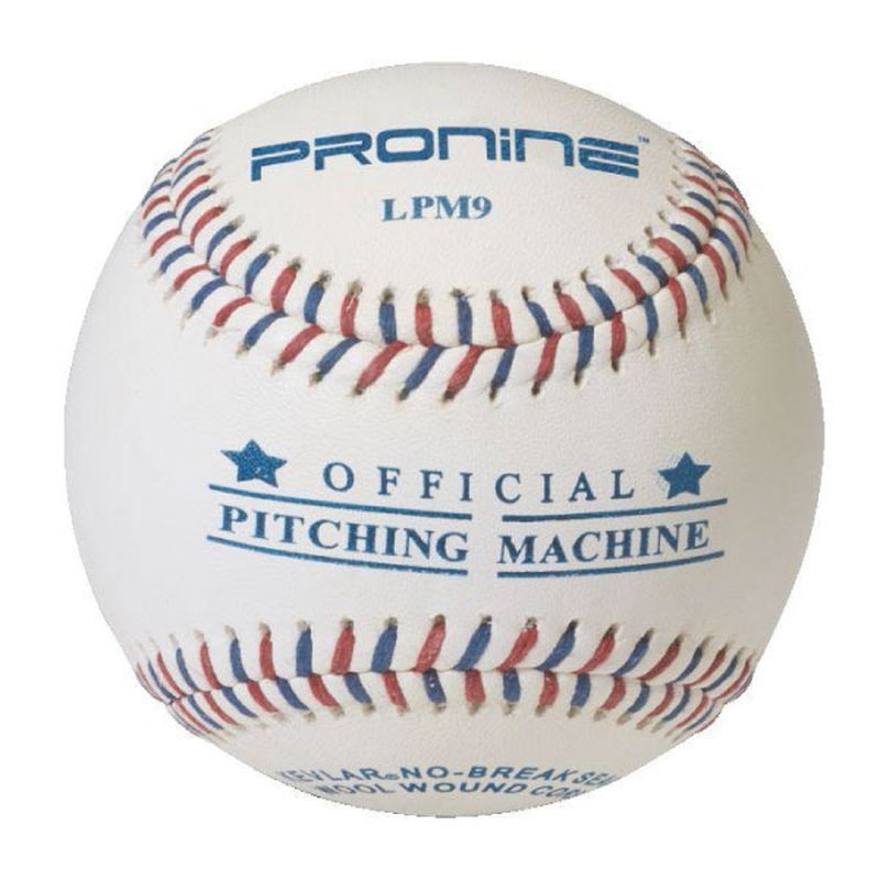 A white ProNine LPM9 leather pitching machine baseball with red and blue stitching