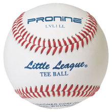 A white ProNine LVL1 LL baseball with red stitching and the Little League Tee Ball stamp