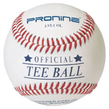 A white ProNine LVL1 OL baseball with red stitching and the Official Tee Ball stamp