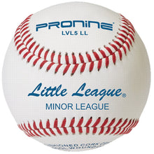 A white ProNine LVL5 LL baseball with red stitching and the Little League Minor League stamp