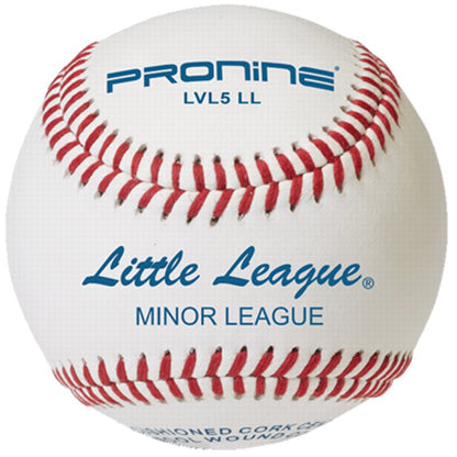 A white ProNine LVL5 LL baseball with red stitching and the Little League Minor League stamp