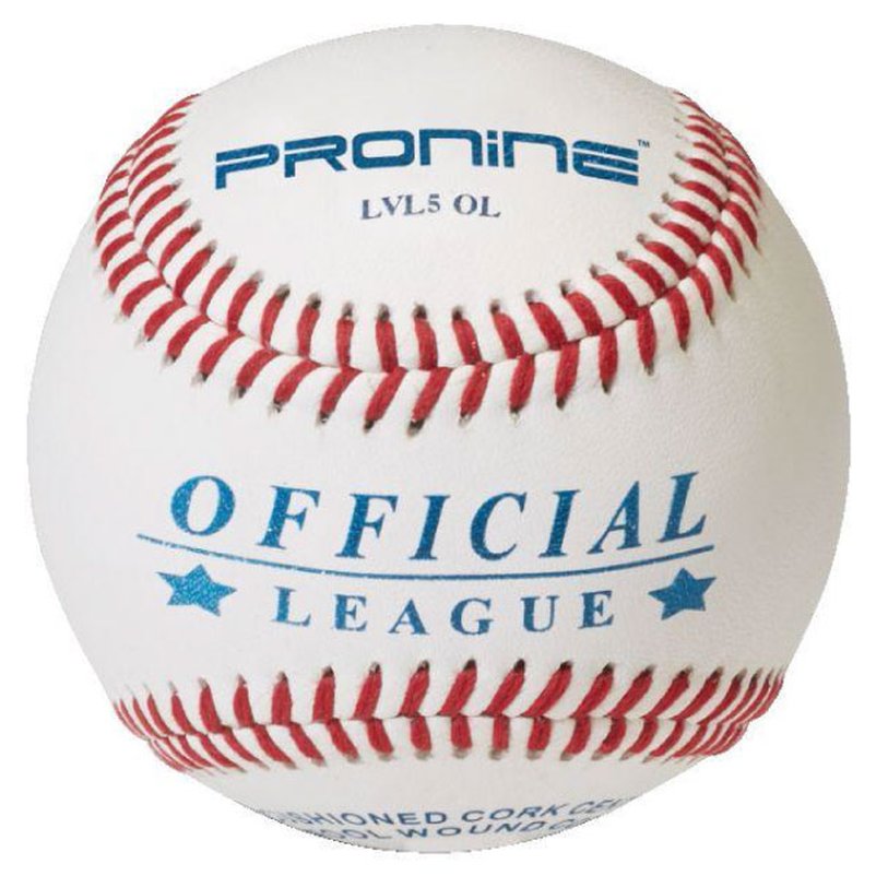 A white ProNine LVL5 OL baseball with red stitching and the Official League stamp