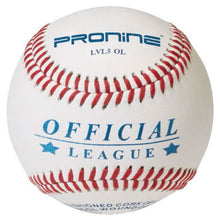 A white ProNine LVL5 OL baseball with red stitching and the Official League stamp
