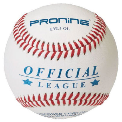 A white ProNine LVL5 OL baseball with red stitching and the Official League stamp