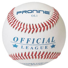 A white ProNine OL1 baseball with red stitching and the Official League stamp