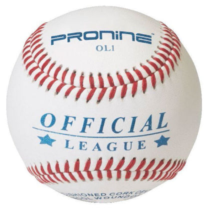 A white ProNine OL1 baseball with red stitching and the Official League stamp