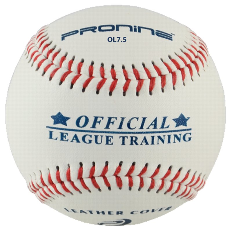 A white ProNine OL7.5 mini leather training baseball with the Official League Training stamp