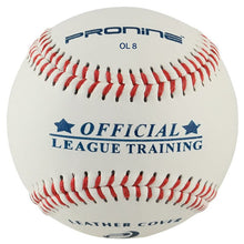A white ProNine OL8 mini leather training baseball with the Official League Training stamp