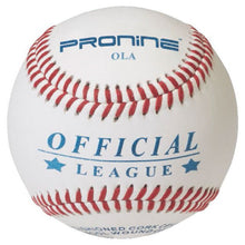 A white ProNine OLA baseball with red stitching and the Official League stamp