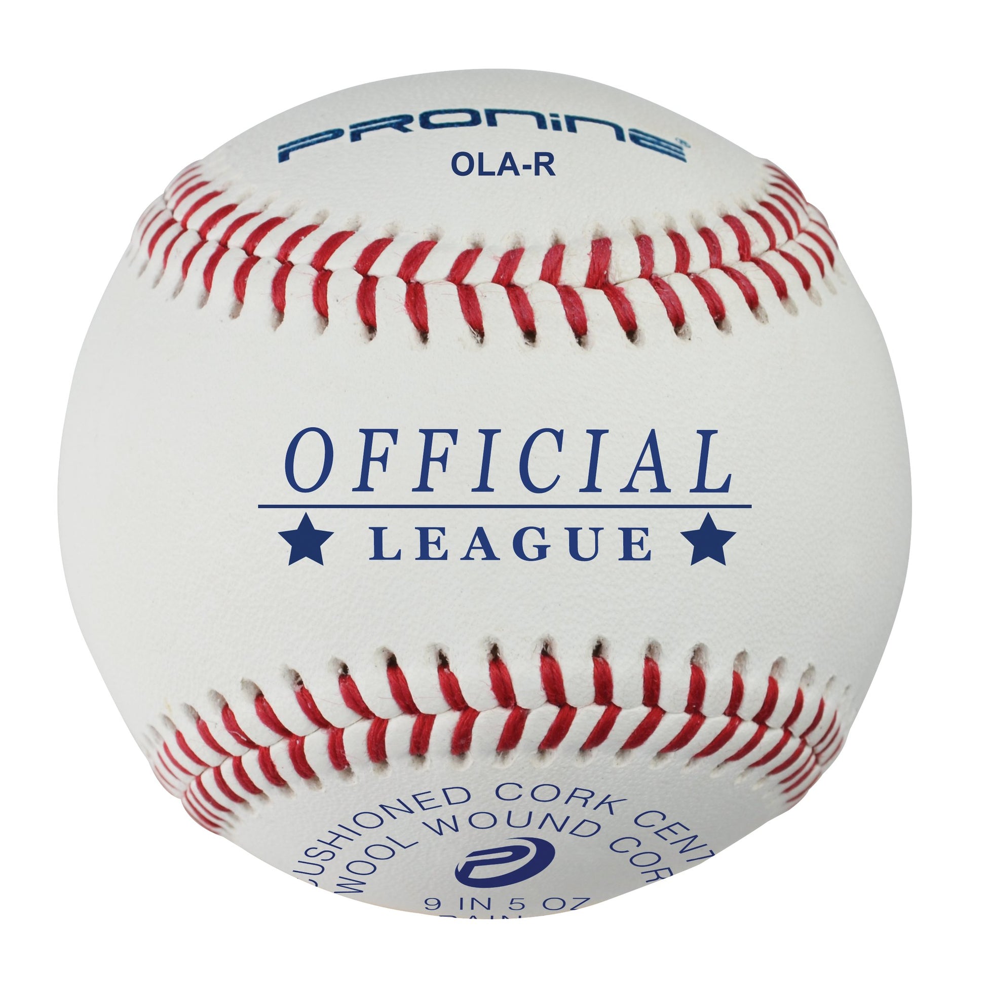 A white ProNine OLA-R baseball with red stitching and the Official League stamp