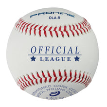 A white ProNine OLA-R baseball with red stitching and the Official League stamp