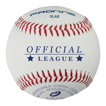 A white ProNine OLAX baseball with red stitching and the Official League stamp