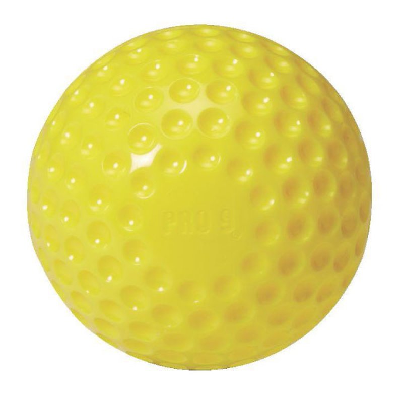 A yellow dimpled ProNine pitching machine ball with a molded surface