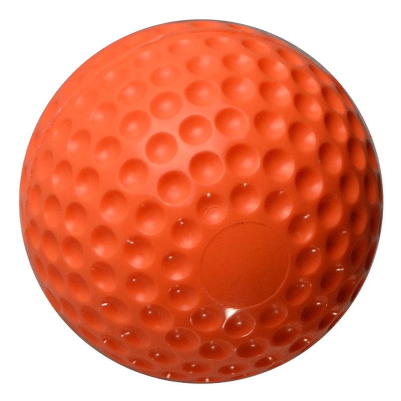 An orange dimpled foam ProNine PM9 Lite pitching machine baseball