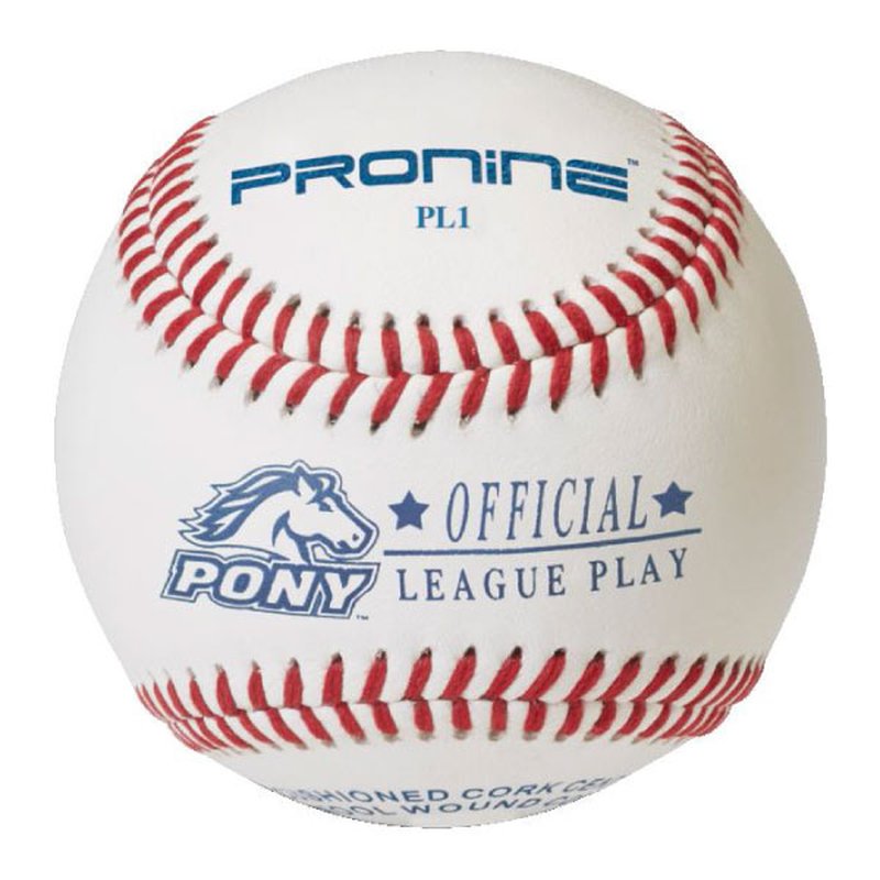 A white ProNine baseball with red stitching and the PONY League stamp on the cover
