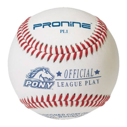 A white ProNine baseball with red stitching and the PONY League stamp on the cover