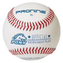 A white ProNine baseball with red stitching and the PONY League stamp on the cover