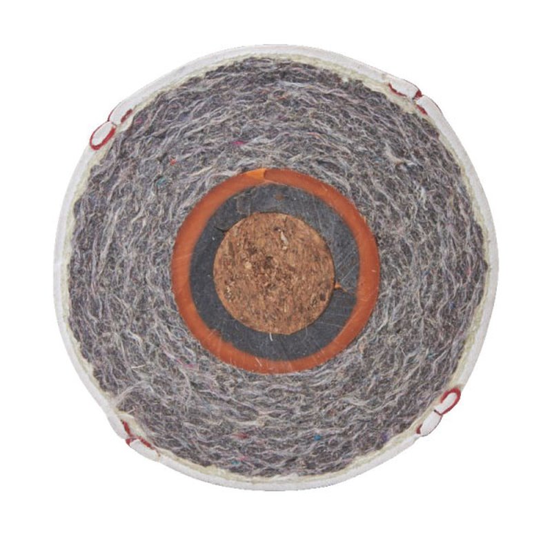 Cross-section of a baseball showing the cushioned cork center and layered wool windings