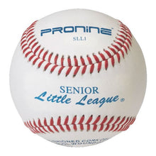 A white ProNine baseball with red stitching and the Senior Little League stamp on the cover