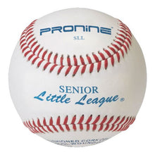 A white ProNine baseball with red stitching and the Senior Little League stamp on the cover