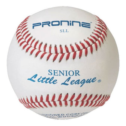A white ProNine baseball with red stitching and the Senior Little League stamp on the cover