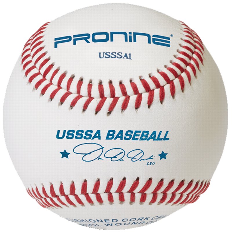 A white ProNine baseball with red stitching and the USSSA stamp on the cover