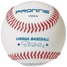 A white ProNine baseball with red stitching and the USSSA stamp on the cover