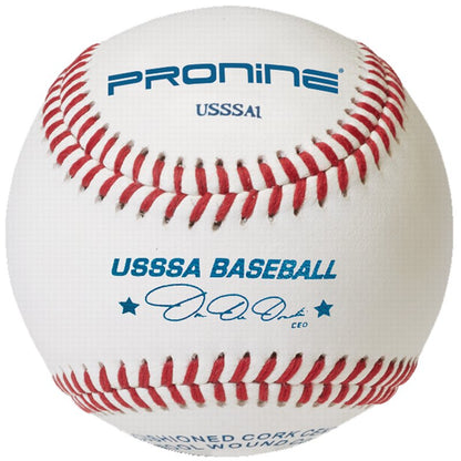 A white ProNine baseball with red stitching and the USSSA stamp on the cover