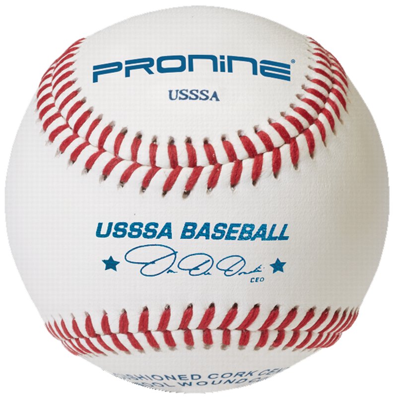 A white ProNine baseball with red stitching and the USSSA stamp on the cover