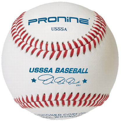 A white ProNine baseball with red stitching and the USSSA stamp on the cover