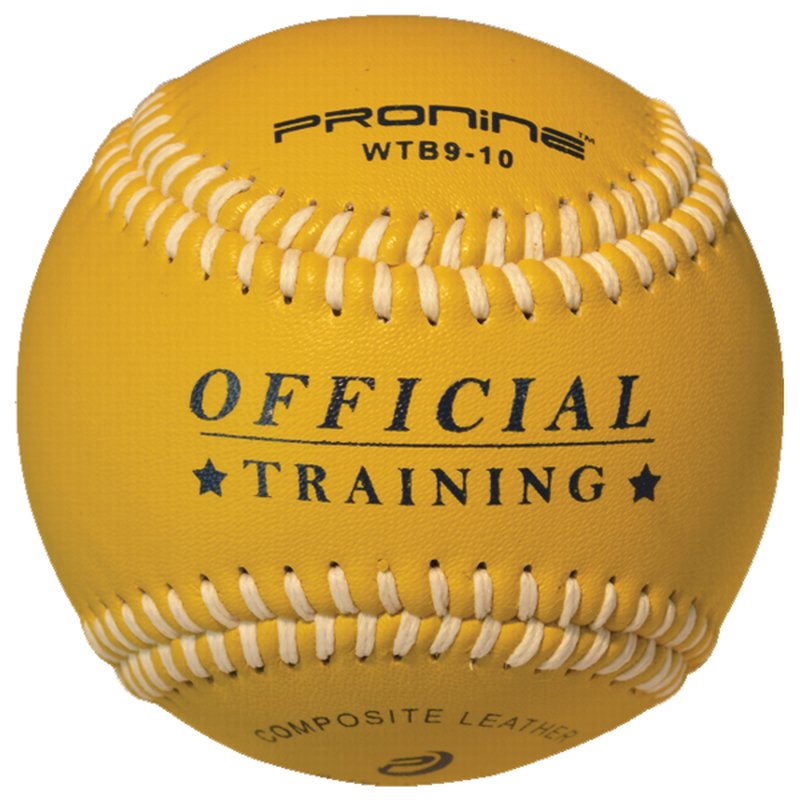 A mustard yellow ProNine WTB9-10 weighted training baseball with the Official Training stamp