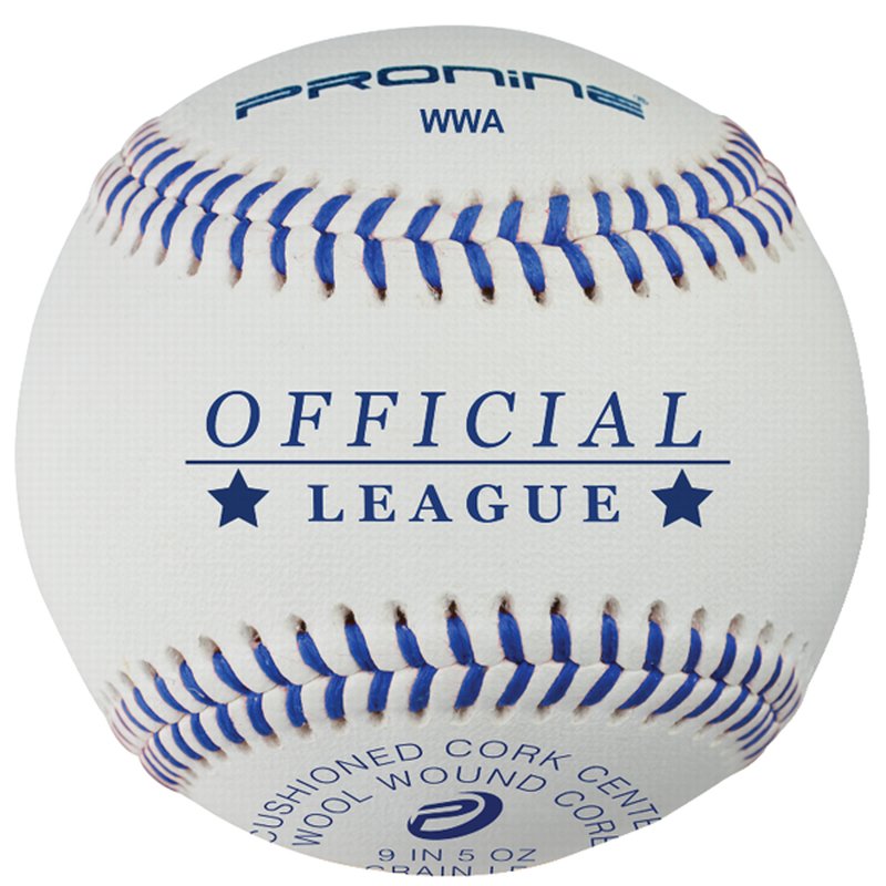 A white ProNine WWA wet weather baseball with red stitching and the Official League stamp